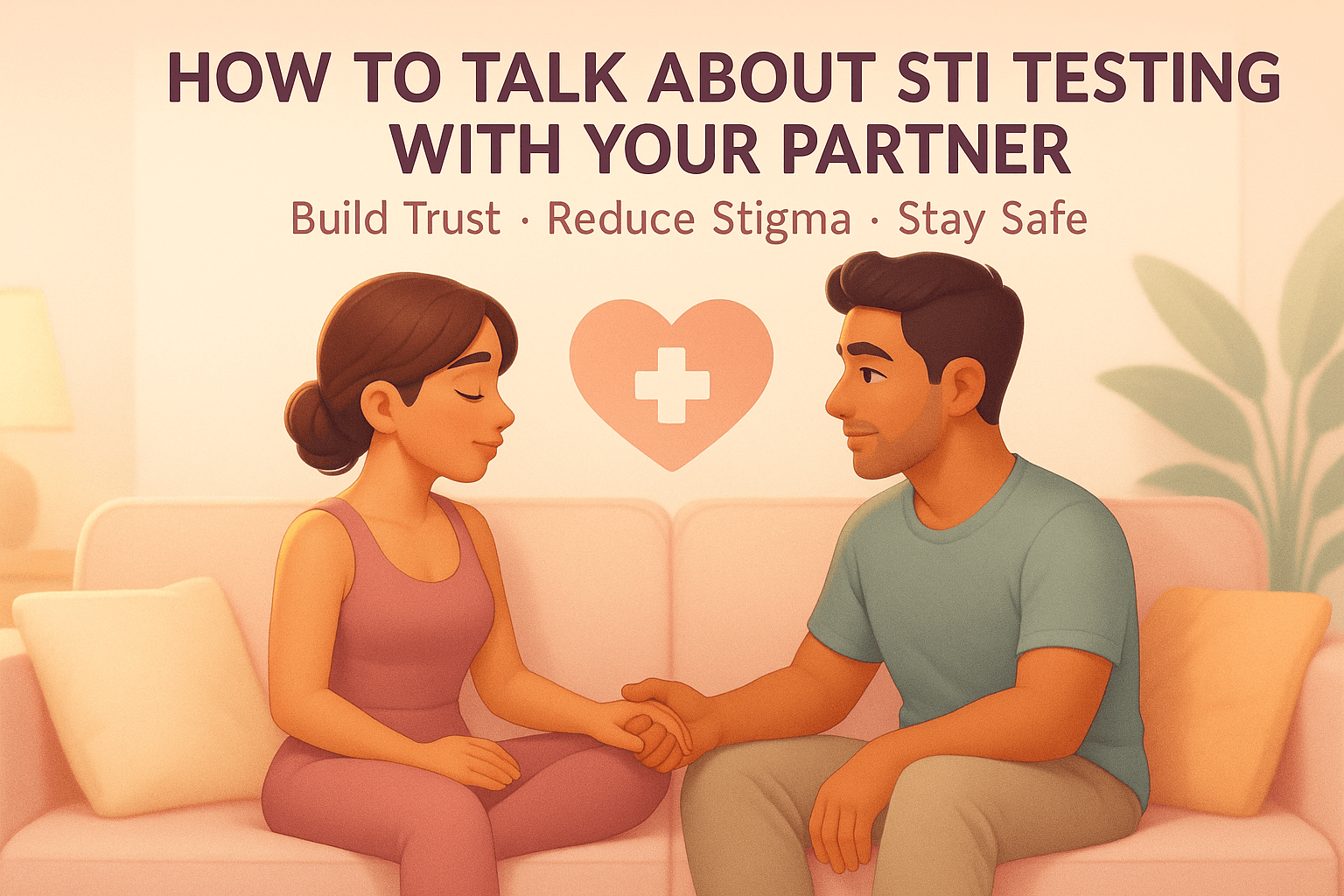 Two people (silhouettes or faceless illustration) sitting together on a couch or café table, leaning slightly toward each other. The mood is calm, supportive, and conversational.