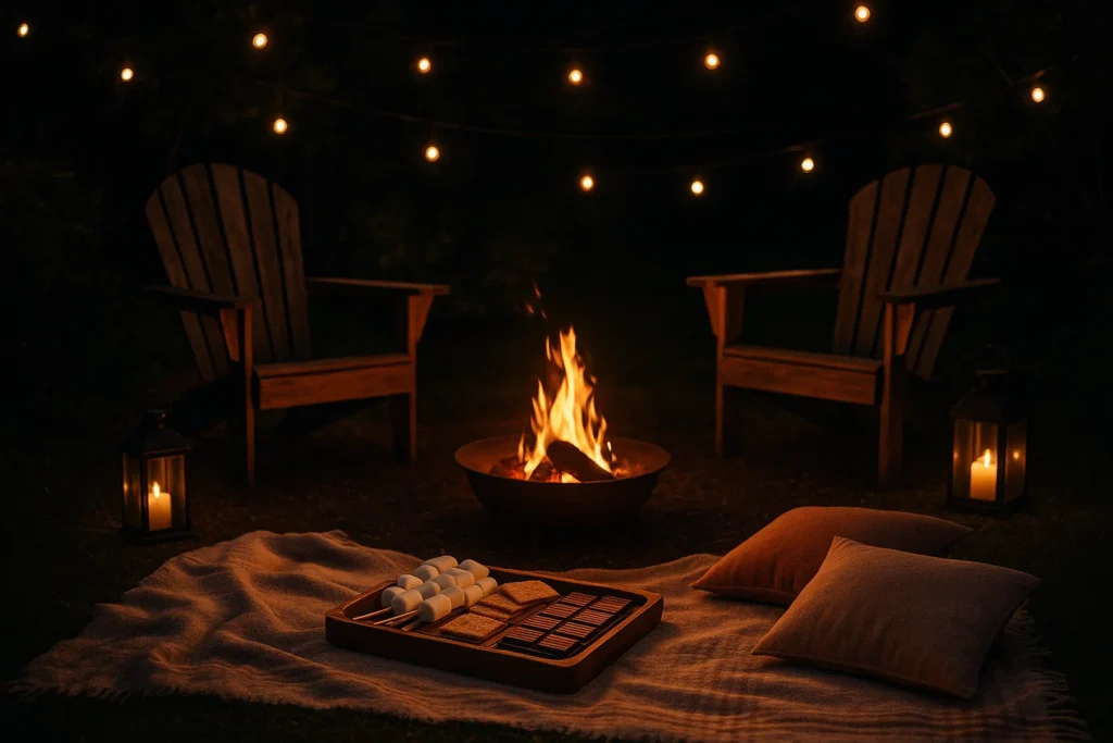 Backyard bonfire date with fire pit, marshmallows, chocolate, graham crackers, and cozy lantern lights at night.