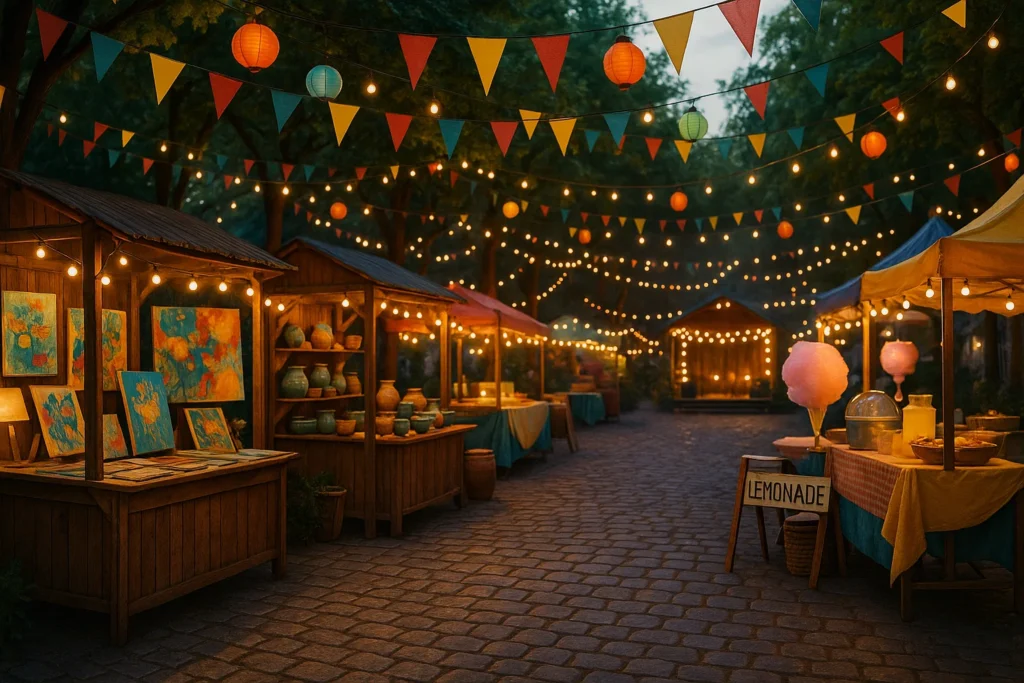 Lively summer street festival with glowing string lights, colorful art stalls, food stands, and handmade crafts.