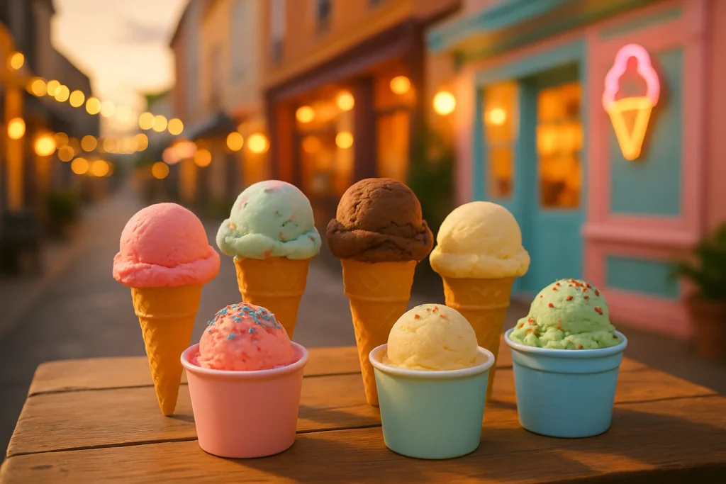 Playful summer ice cream crawl scene with colorful cones and cups of strawberry, mint, chocolate, and vanilla flavors.