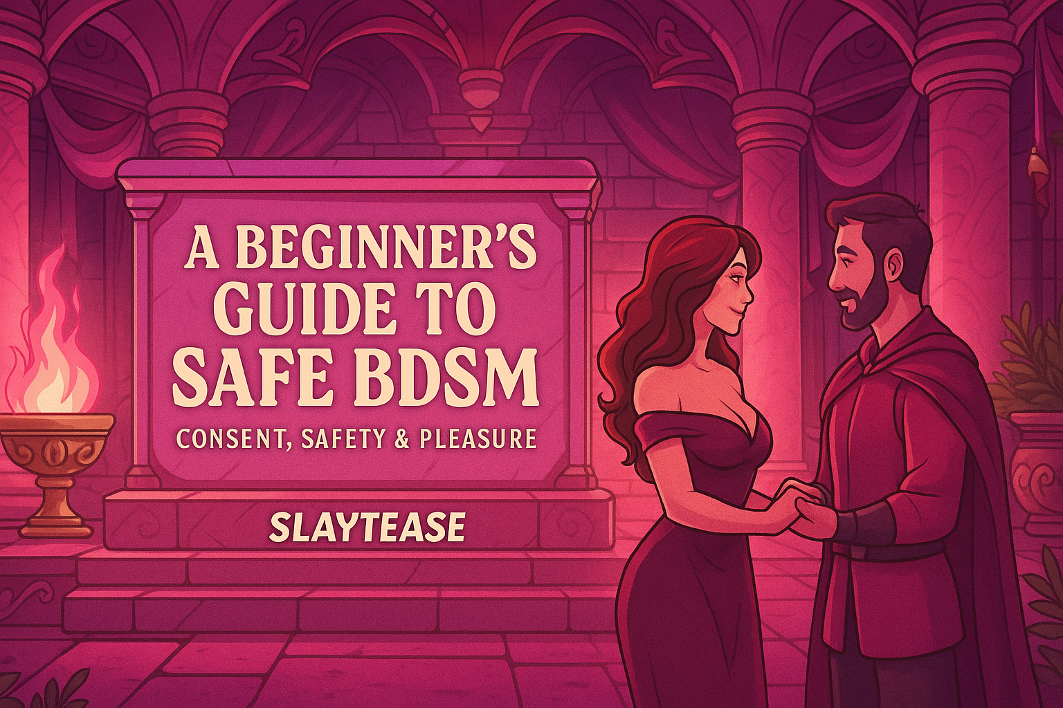 Illustrated couple holding hands in a romantic fantasy setting with text “A Beginner’s Guide to Safe BDSM – Consent, Safety & Pleasure” by Slaytease.