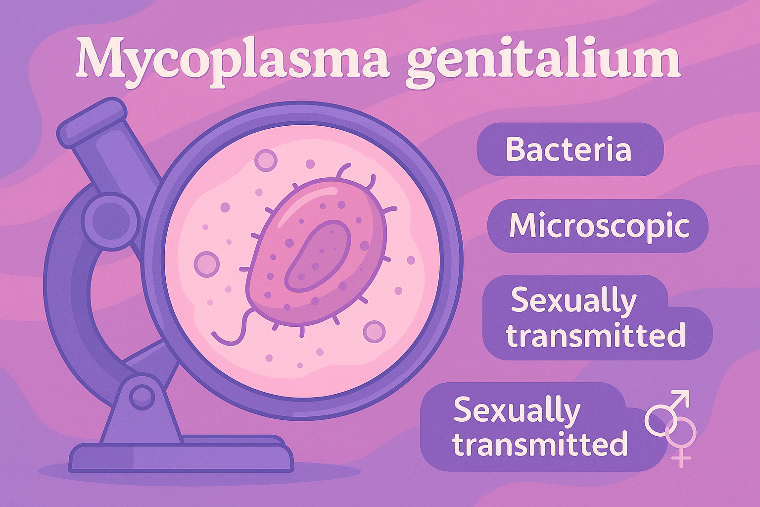 Stylized digital illustration of Mycoplasma genitalium bacteria under a microscope with educational labels
