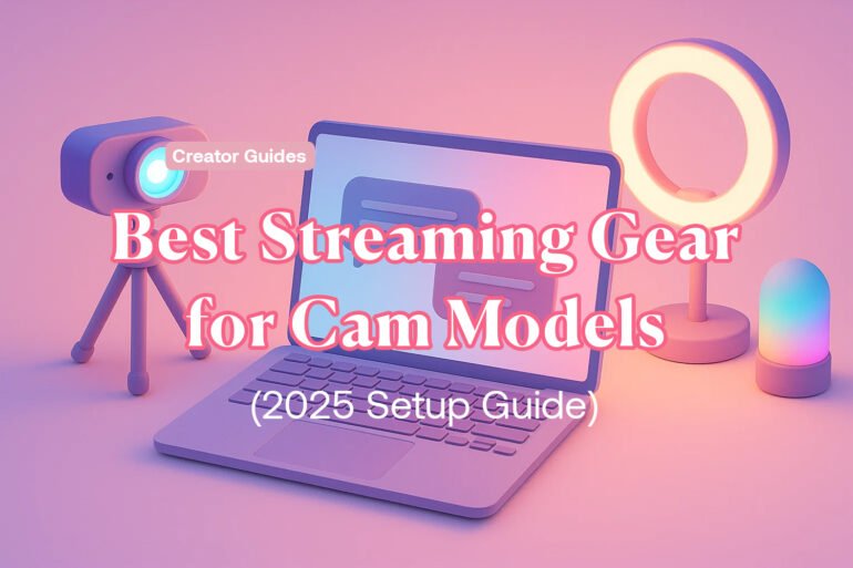 Modern cam model streaming desk setup with webcam, ring light, and laptop in pastel tones.
