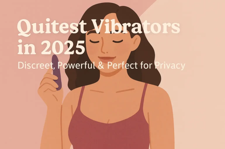 A flat-style digital illustration of a smiling woman with long brown hair, holding a small purple vibrator in her hand. She is wearing a mauve tank top against a soft pink background, with clean lines and warm tones, in the SlayTease brand aesthetic.