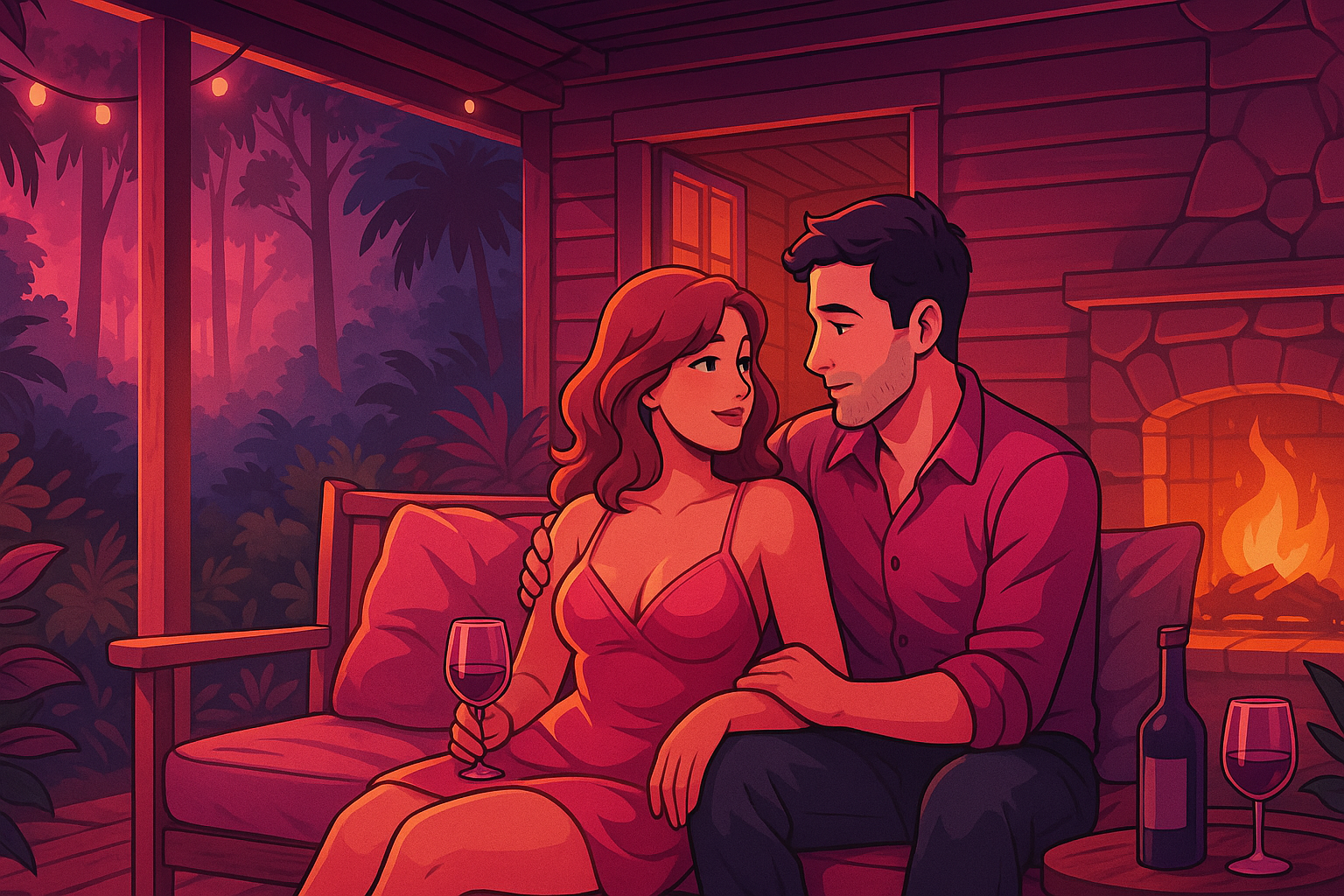 Illustrated couple enjoying wine by the fireplace on a cozy porch at sunset.