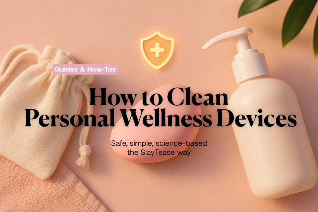 Cleaning kit with pouch, pump bottle, and pink silicone device on a blush background with a safety shield icon