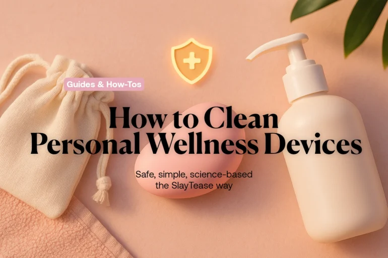 Cleaning kit with pouch, pump bottle, and pink silicone device on a blush background with a safety shield icon