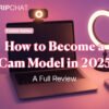 Cam model beginner setup with webcam, ring light, and laptop in a pastel creative workspace.