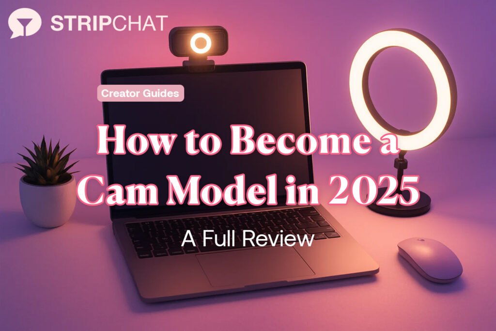 Cam model beginner setup with webcam, ring light, and laptop in a pastel creative workspace.