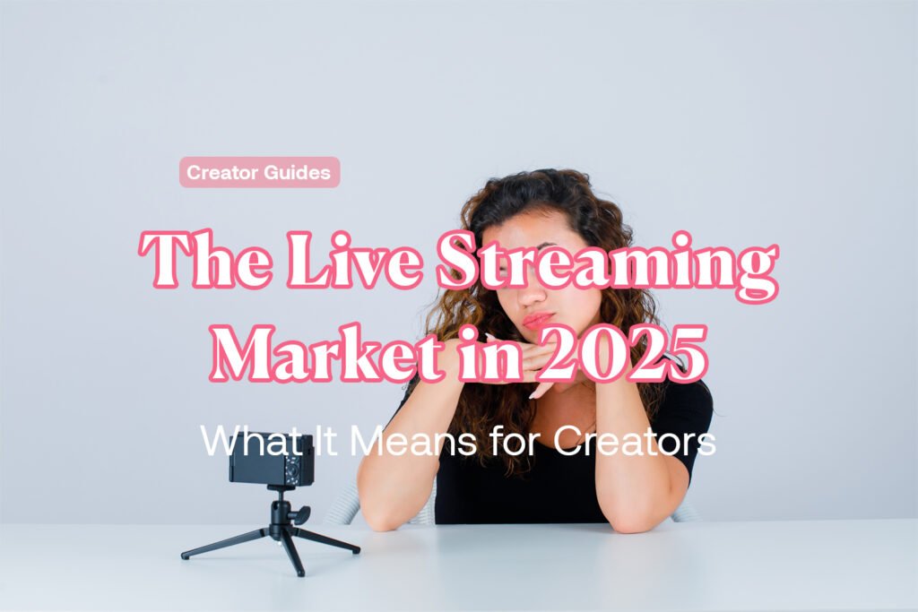 Creators streaming live with floating hearts, coins, and chat bubbles representing the live streaming market in 2025.