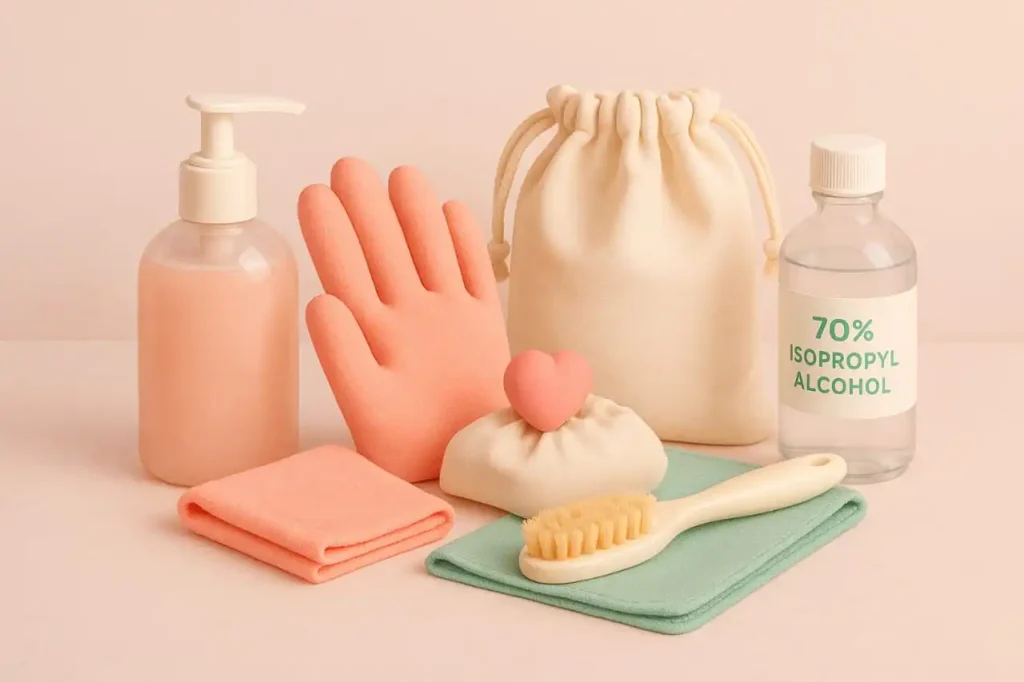 Flat lay of a sex toy cleaning kit arranged neatly on a pastel surface, including mild liquid soap, soft brush, microfiber cloth, cotton pouch, and a small bottle of isopropyl alcohol. Warm, spa-like tones create a clean and safe wellness vibe