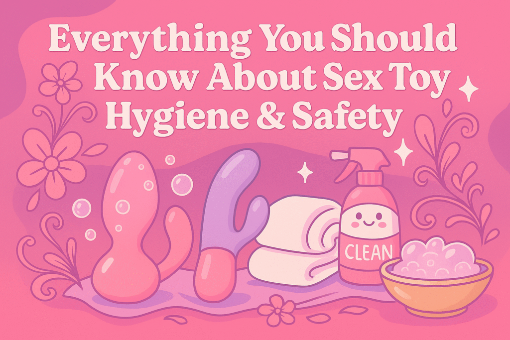 Luxurious fantasy vanity scene with stylized adult toy shapes, cleaning accessories, and glowing pink light — symbolizing hygiene and care