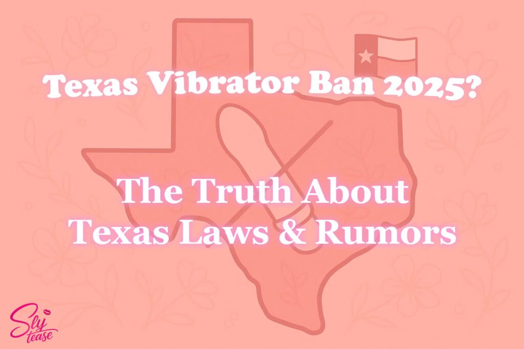 A flat, digital illustration in monochromatic pink aesthetic, SlayTease brand style, showing the Texas state outline in the background with a discreet, stylized vibrator icon in the center, crossed out with a thin line symbol to hint at restriction. A small Texas flag is placed in the top corner, and subtle floral patterns fill the background for a feminine touch. Clean lines, soft gradients, minimal props, warm lighting, modern aesthetic, no text anywhere, 3:2 aspect ratio.
