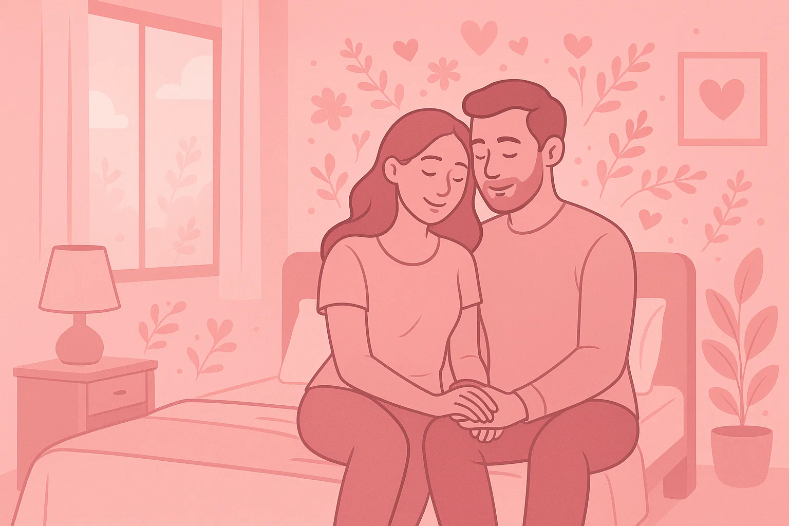 A flat, digital illustration in monochromatic pink aesthetic, SlayTease brand style, showing a cozy modern bedroom scene. A couple with soft, warm expressions sits closely on a bed, holding hands, soft daylight through the window, subtle floral and heart motifs in the background. Clean lines, soft gradients, minimal props, feminine and modern aesthetic, no text anywhere, 3:2 aspect ratio.