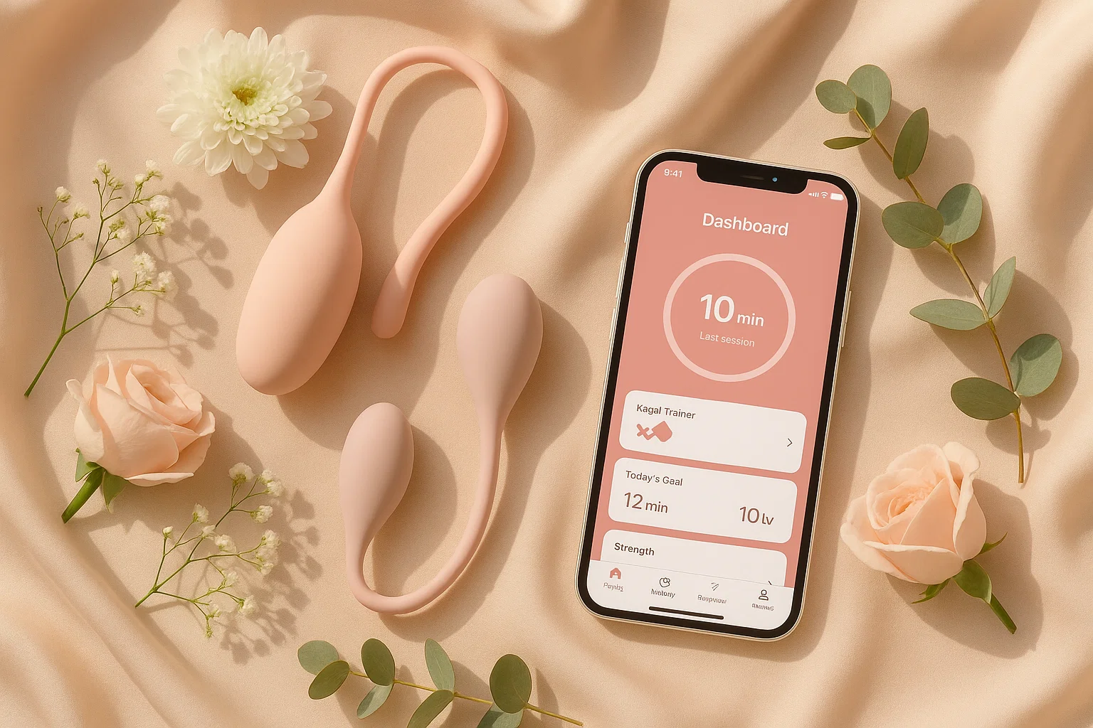 A flat-lay of modern pelvic floor trainer devices and a smartphone displaying a Kegel trainer app dashboard, surrounded by soft pink silk fabric, fresh flowers, and a clean wellness aesthetic, warm natural light, 3:2 ratio, high resolution, brand-safe, feminine and inviting