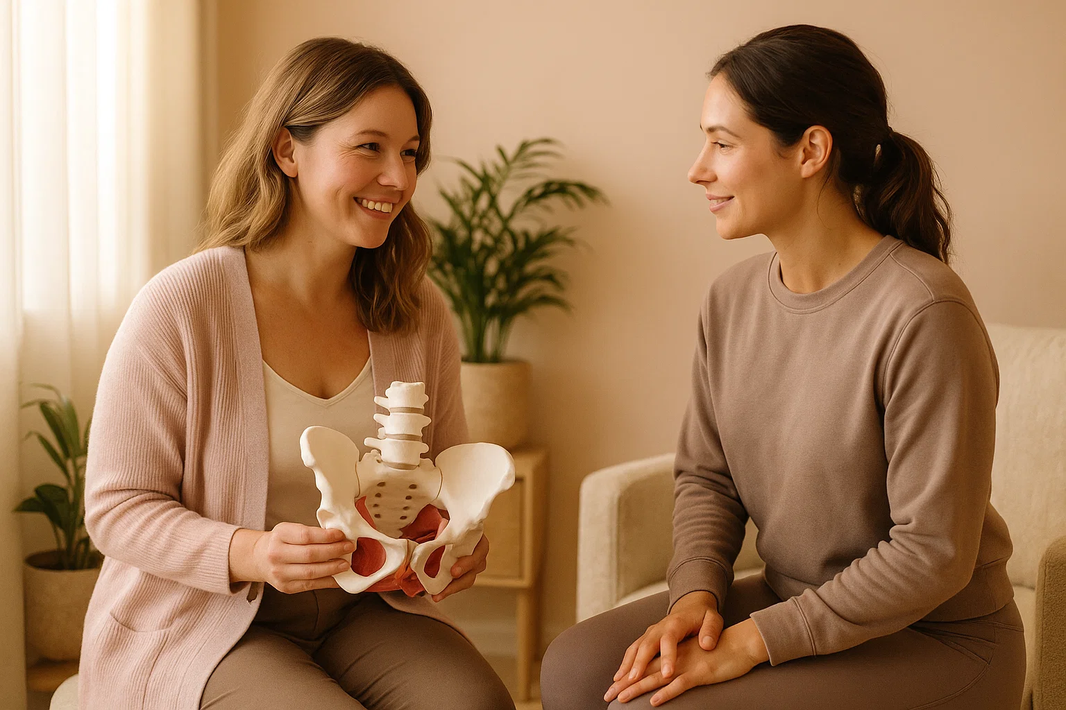 ultra-realistic lifestyle photography, warm golden natural light, modern wellness clinic interior with soft blush and beige tones, female therapist in a pastel cardigan smiling and showing a detailed pelvic anatomy model to a seated woman in casual athleisure, subtle potted plants and soft fabric textures in background, cinematic depth of field, airy composition, SlayTease feminine brand aesthetic, gentle pastel color grading, no text overlay