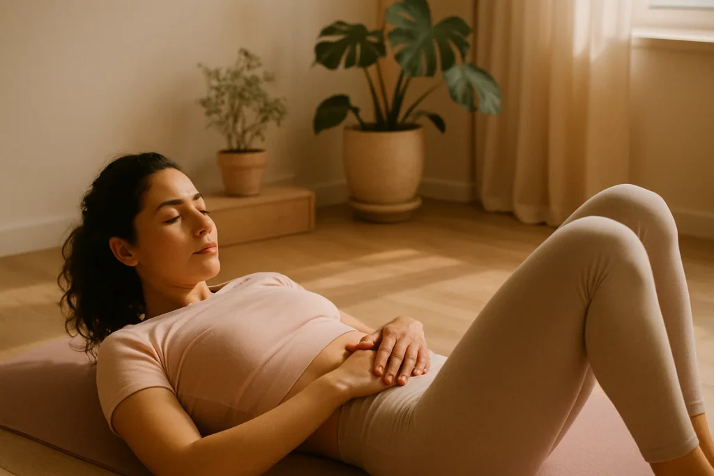 ultra-realistic lifestyle photography, soft pastel pink and beige tones, woman lying on a yoga mat in a cozy, sunlit room, knees bent and relaxed, wearing comfortable athleisure, hands resting gently on her abdomen, subtle expression of focus, minimal modern home decor with potted plants in background, cinematic depth of field, SlayTease feminine aesthetic, natural warm light, no text overlay