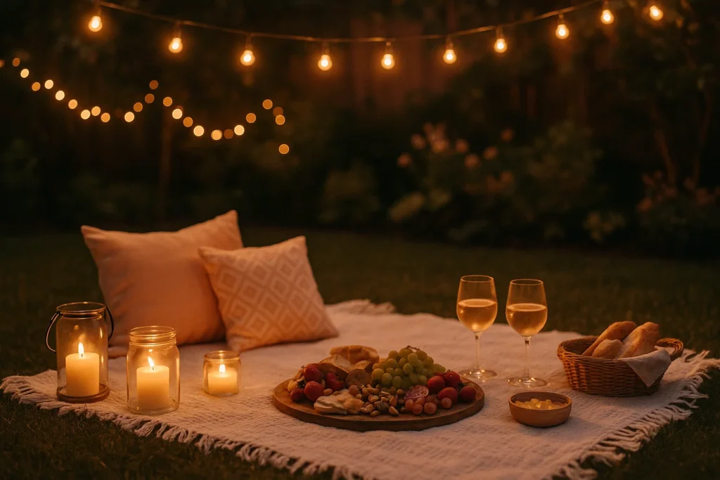 Romantic cozy summer date setup with fairy lights, picnic blanket, and warm golden glow — lifestyle photography aesthetic.