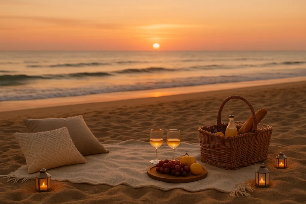 Sunset beach picnic with blanket, pillows, picnic basket, fruits, and lanterns glowing on golden sand by the ocean.