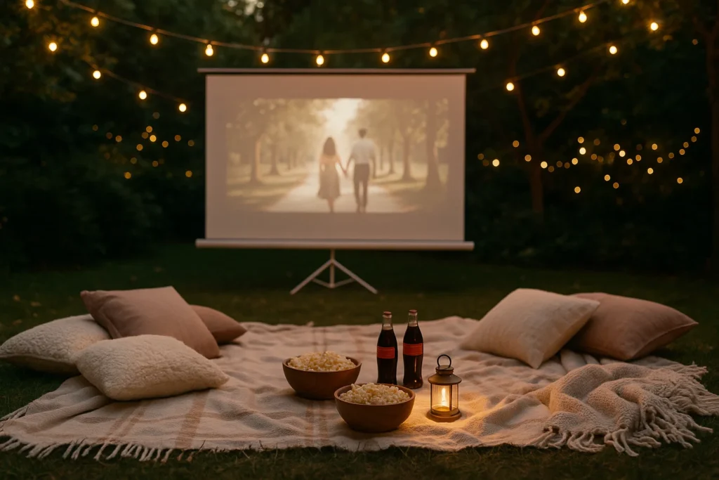 Cozy backyard outdoor movie night with glowing projector screen, fairy lights, popcorn, and blankets under the stars.