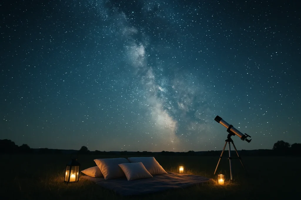Romantic stargazing scene with blanket, lanterns, telescope, and clear starry night sky with Milky Way visible.