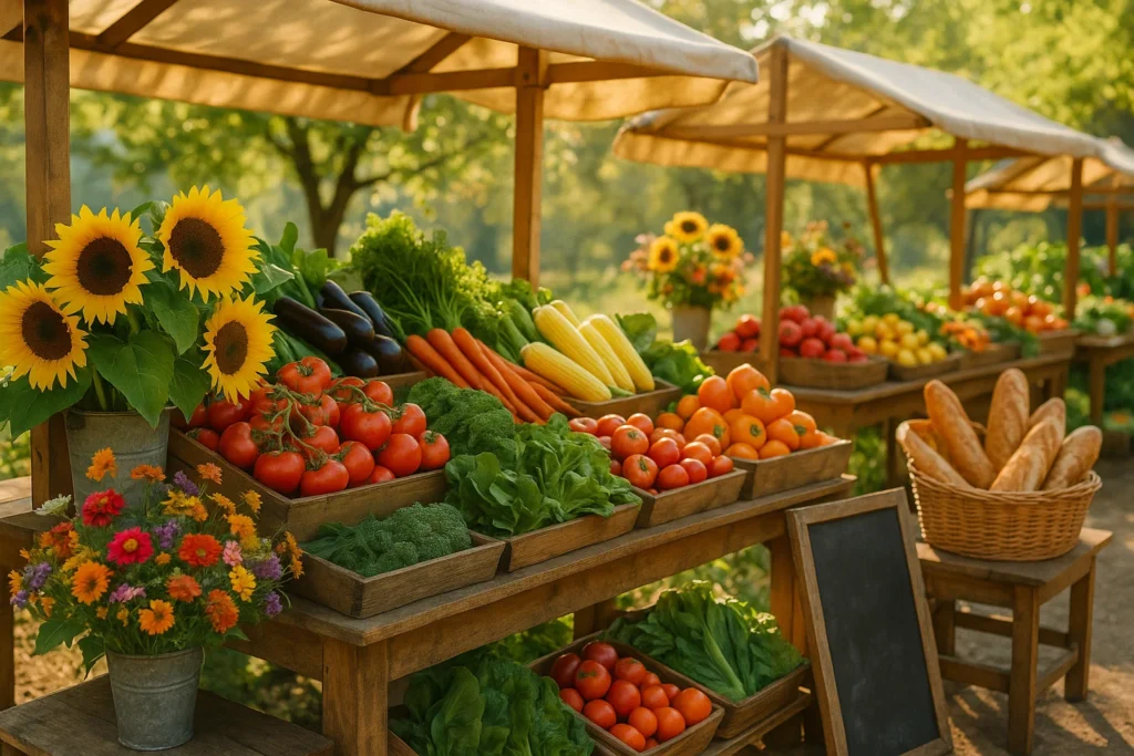 Colorful summer farmers’ market with fresh fruits, flowers, bread baskets, and rustic wooden stalls in golden sunlight.