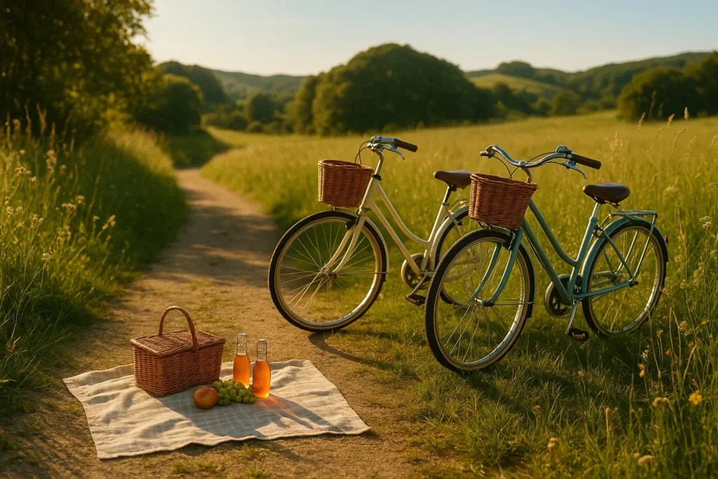 Romantic summer bike ride scene with vintage bicycles, picnic basket, and blanket set on a scenic countryside trail.