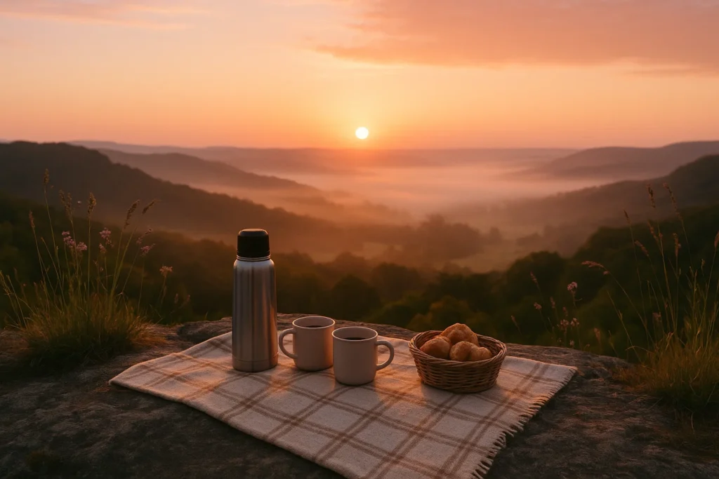 Sunrise hike scene with blanket, thermos of coffee, mugs, pastries, and golden sun rising over misty valley.