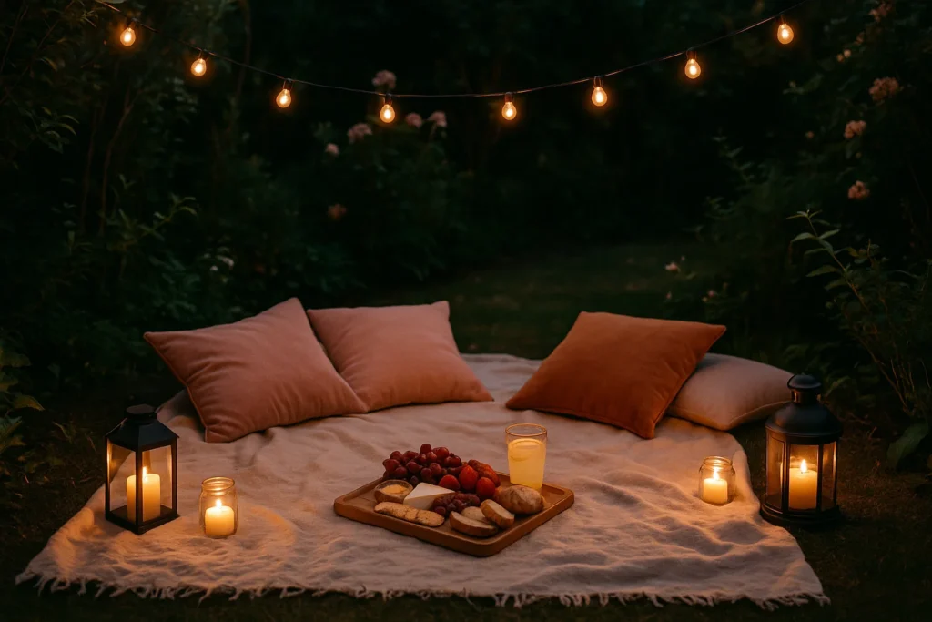 DIY garden picnic with blanket, pillows, fairy lights, snack board, and glowing candles in cozy backyard setting.