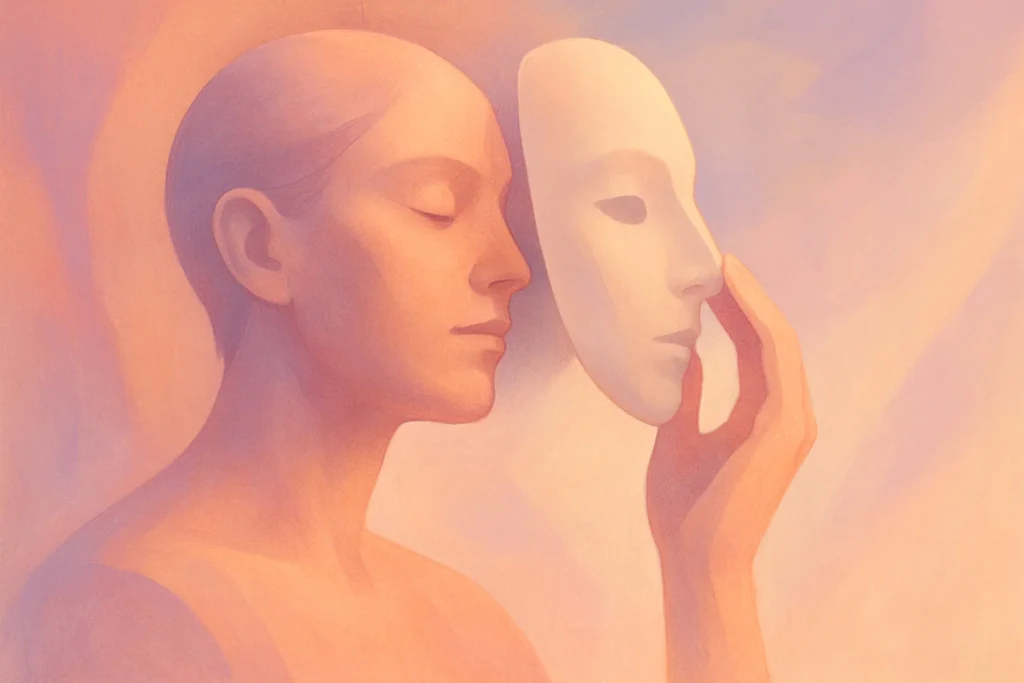 Abstract illustration of a person lifting a mask off their face, symbolizing hidden identity and self-discovery.