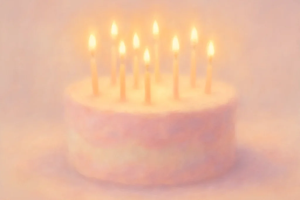 Blurred birthday cake with glowing candles, symbolizing mystery age and hidden identity.