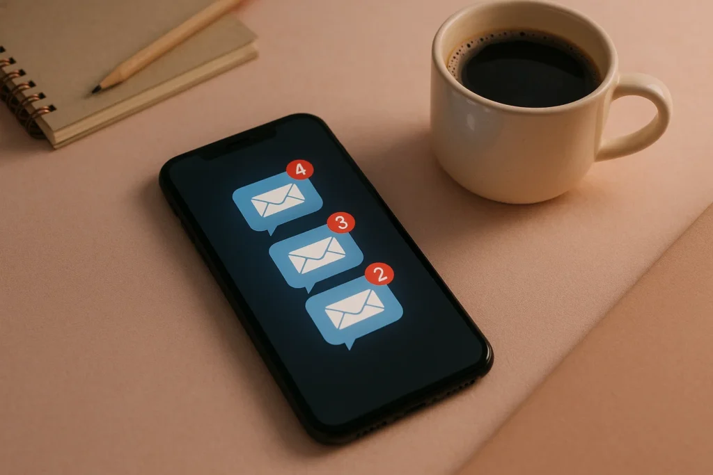 A smartphone screen glowing with unread message notifications, placed on a cozy desk with a cup of coffee nearby, soft pink background tones, lifestyle aesthetic, 3:2 aspect ratio, no text overlay.