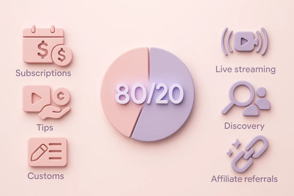 Infographic-style illustration comparing OnlyFans and Fansly: icons for subscriptions, PPV, tips, customs, revenue split, live streaming, discovery, and referrals.