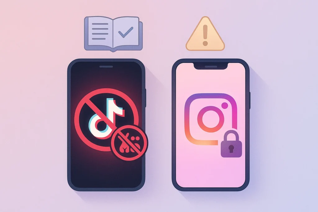 Illustration of TikTok and Instagram rules showing restrictions on adult content, with caution icons and app logos in pastel aesthetic.