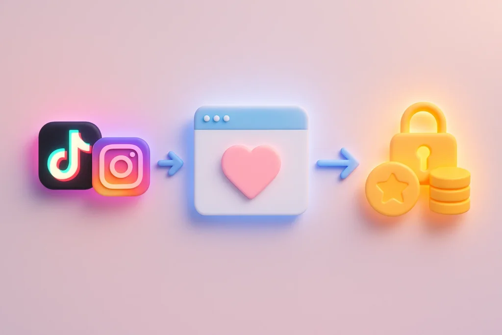 Infographic-style funnel illustration showing TikTok and Instagram leading to a website link hub, then to premium fan platforms, in pastel tones.
