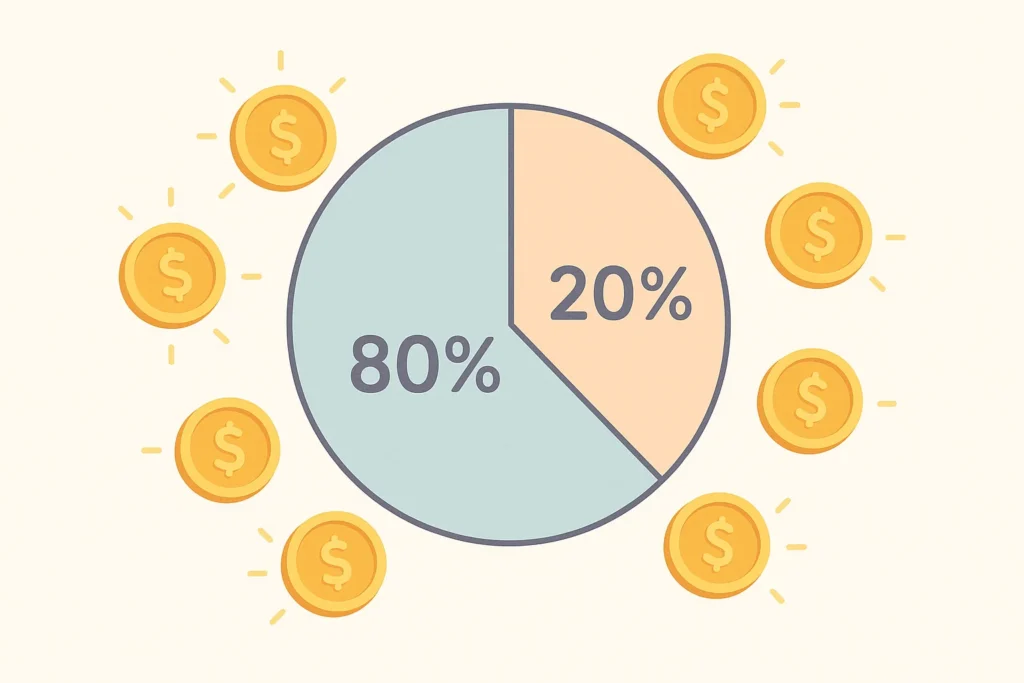 Pie chart showing 80% vs 20% split, coins glowing around it, minimalist pastel infographic style.