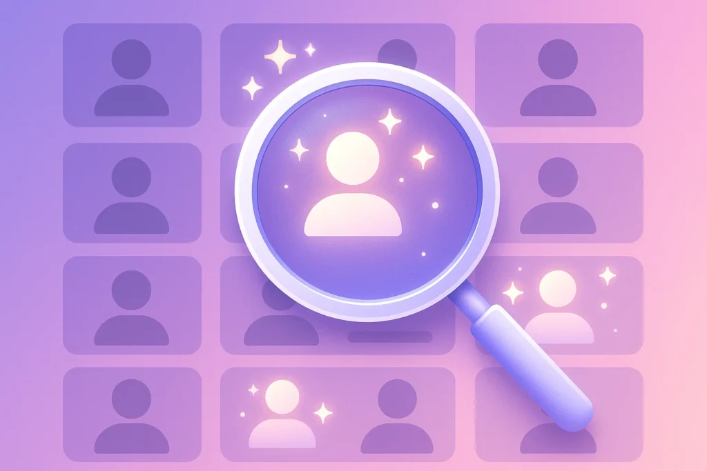Discovery feature illustration showing magnifying glass over glowing creator profiles.