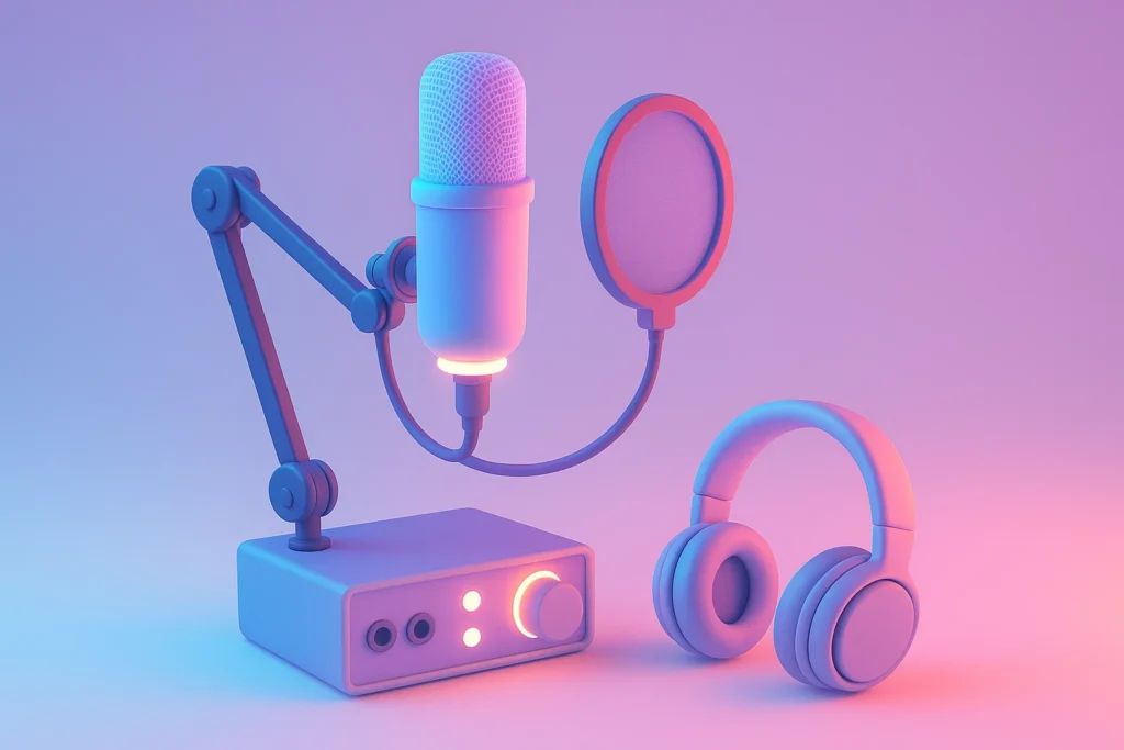 “Dynamic microphone with pop filter and audio interface for clear streaming audio.”