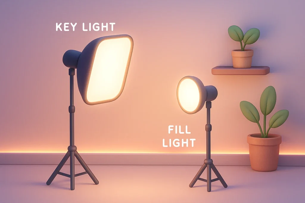 Three-point lighting setup for cam models with key, fill, and hair lights in pastel style.