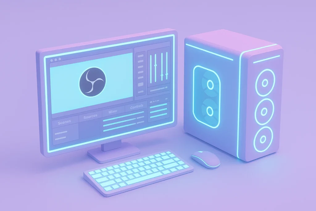 Streaming PC setup with OBS Studio preview on dual monitors, pastel tones.