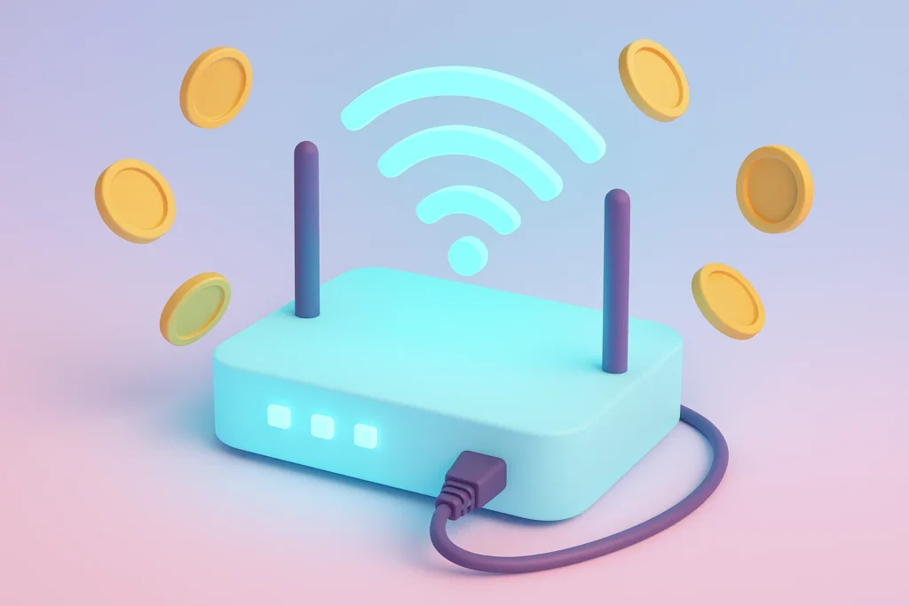 Low-latency internet setup with glowing router and ethernet cable for streaming.