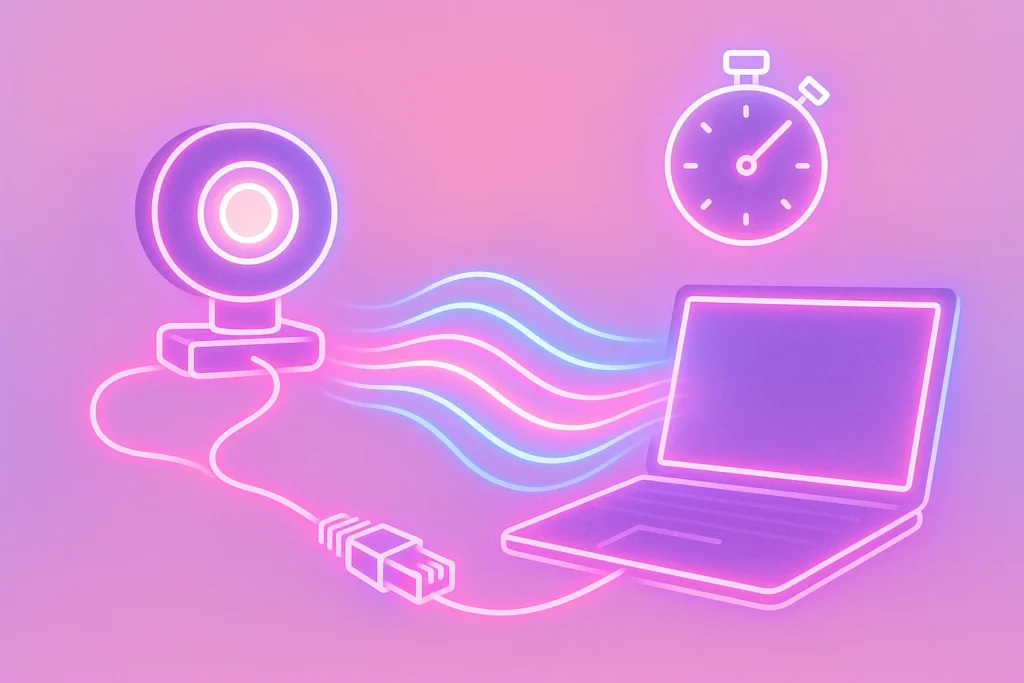 Low-latency live streaming setup with webcam, laptop, and glowing ethernet connection.