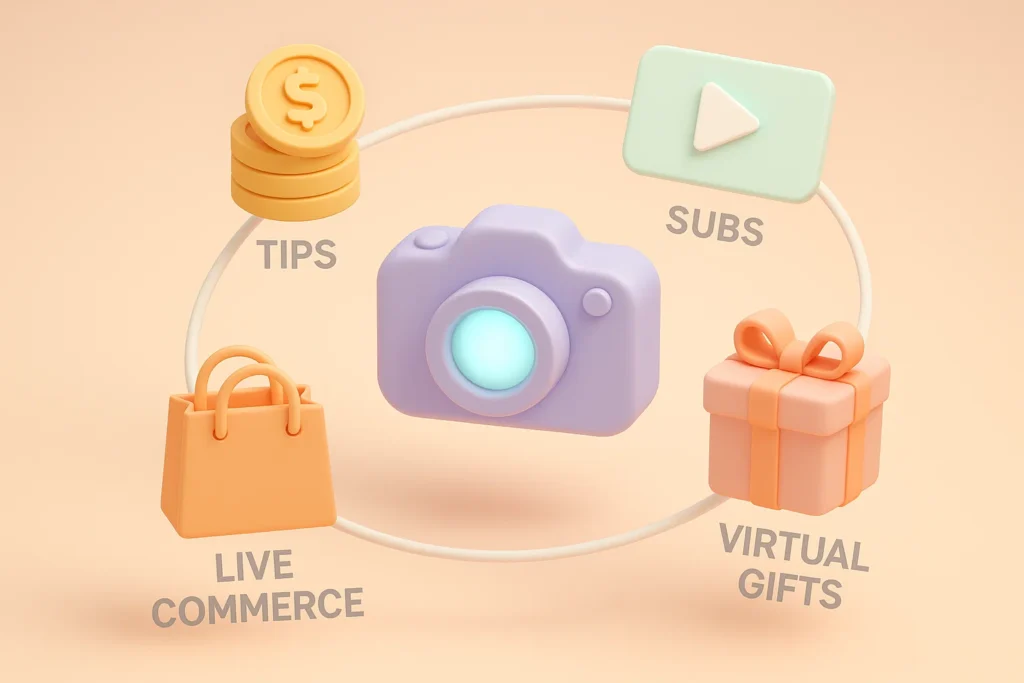 Different ways creators monetize live streams in 2025: tips, subs, commerce, and gifts.