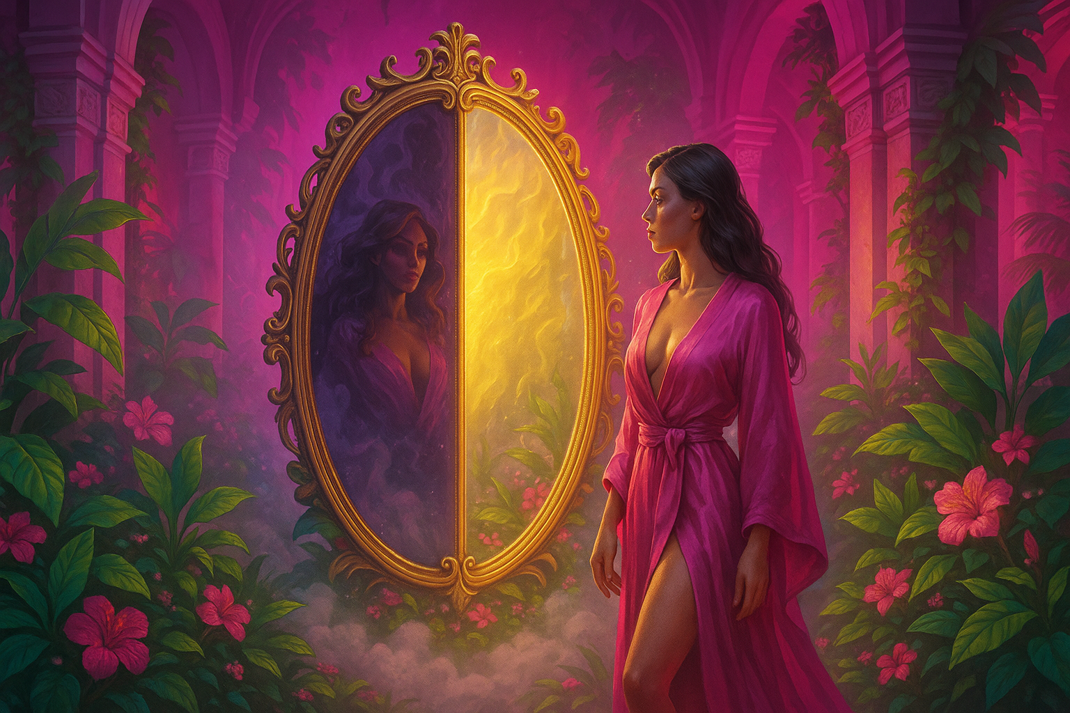 Woman in pink silk robe gazing into a golden mirror in a mystical garden.