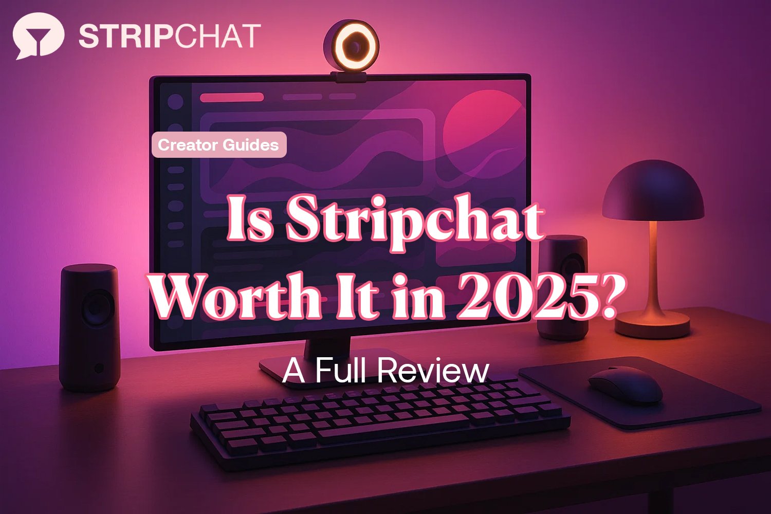 Stripchat review illustration of a live cam setup with glowing webcam and pastel background.
