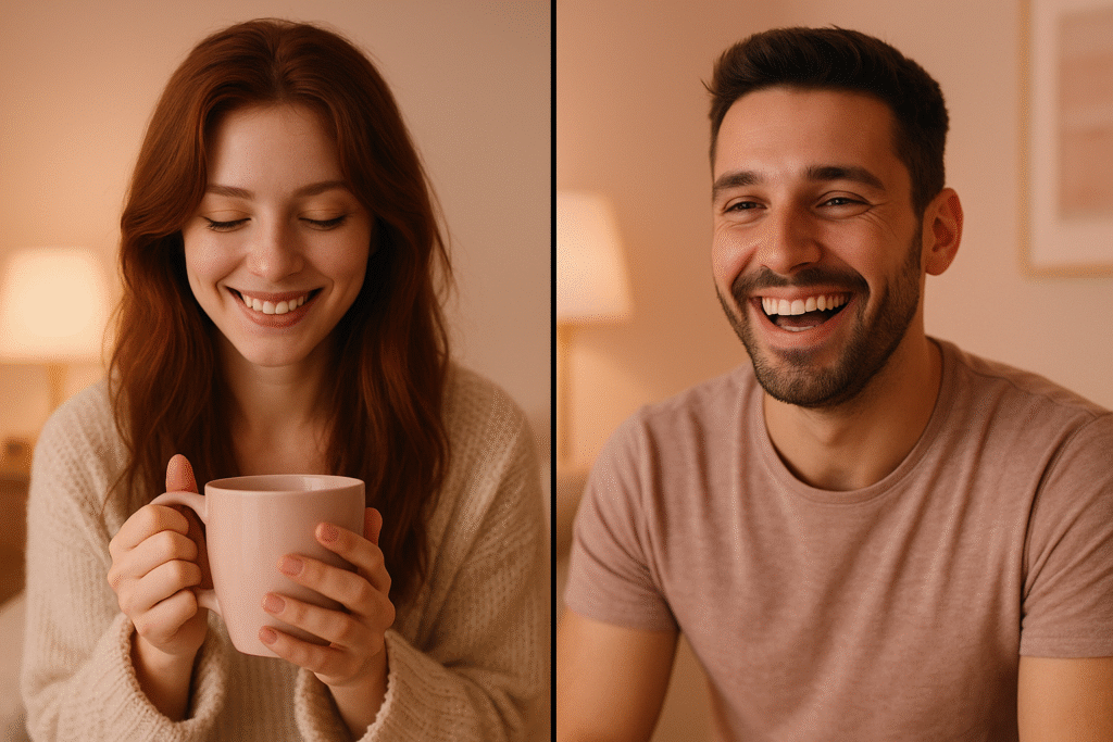 Split-screen video call between a smiling couple, soft pastel pink and warm lighting, romantic yet modern