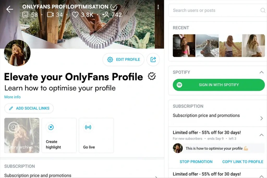 Optimized OnlyFans profile with bio, banner, and subscription button