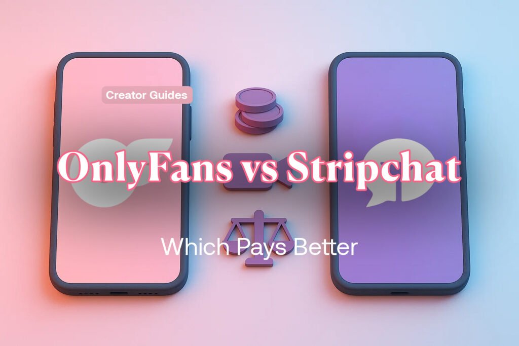 Comparison of OnlyFans vs Stripchat with icons for money, live streaming, and revenue balance.