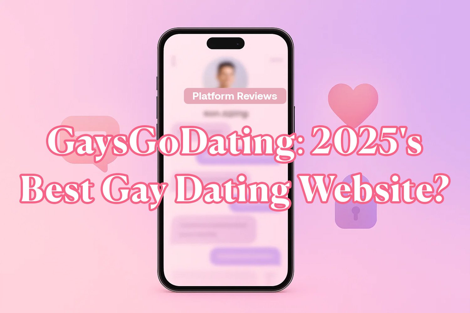 Minimalist pastel hero image in SlayTease brand style, mockup of a modern smartphone centered on screen, showing a blurred gay dating chat interface (messages indistinct for safety). Background is a soft pink-to-purple gradient with abstract floating icons (💬 speech bubble, ❤️ heart, 🔒 lock). Clean lifestyle aesthetic, subtle glow, dreamy but professional look. Overlay headline text in bold white letters with shadow: “GaysGoDating: 2025’s Best Gay Dating Website?”. Ratio 16:9, high-resolution, blog hero banner style.