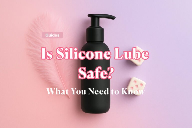 Flat lay of a sleek silicone lube pump bottle on a soft pastel gradient background (Slaytease pink #f650a0 fading into lavender #c58cff). Around it: a fluffy pink feather and two white dice with soft pink dots. Minimal, modern lifestyle aesthetic, ultra HD, subtle glow